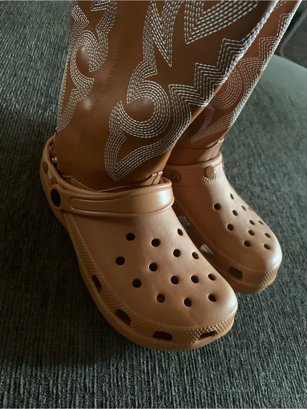 Women’s Tan Western Embroidered Knee-High Boots croc style.